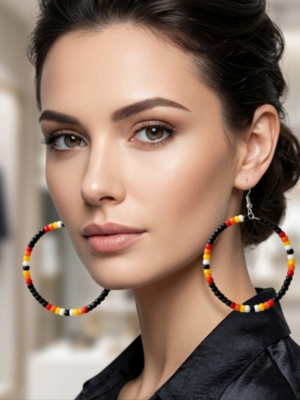 Handmade Multicolor Beaded Hoop Earrings - Black, Red, Yellow